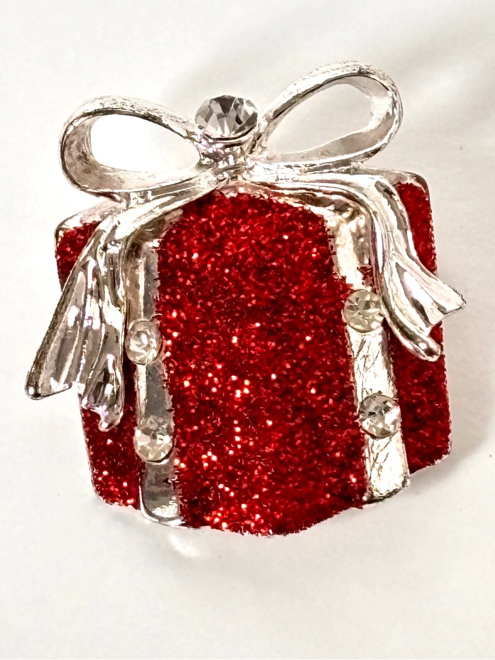 Red Glitter Present Christmas Brooch Pin with rhinestones Accents